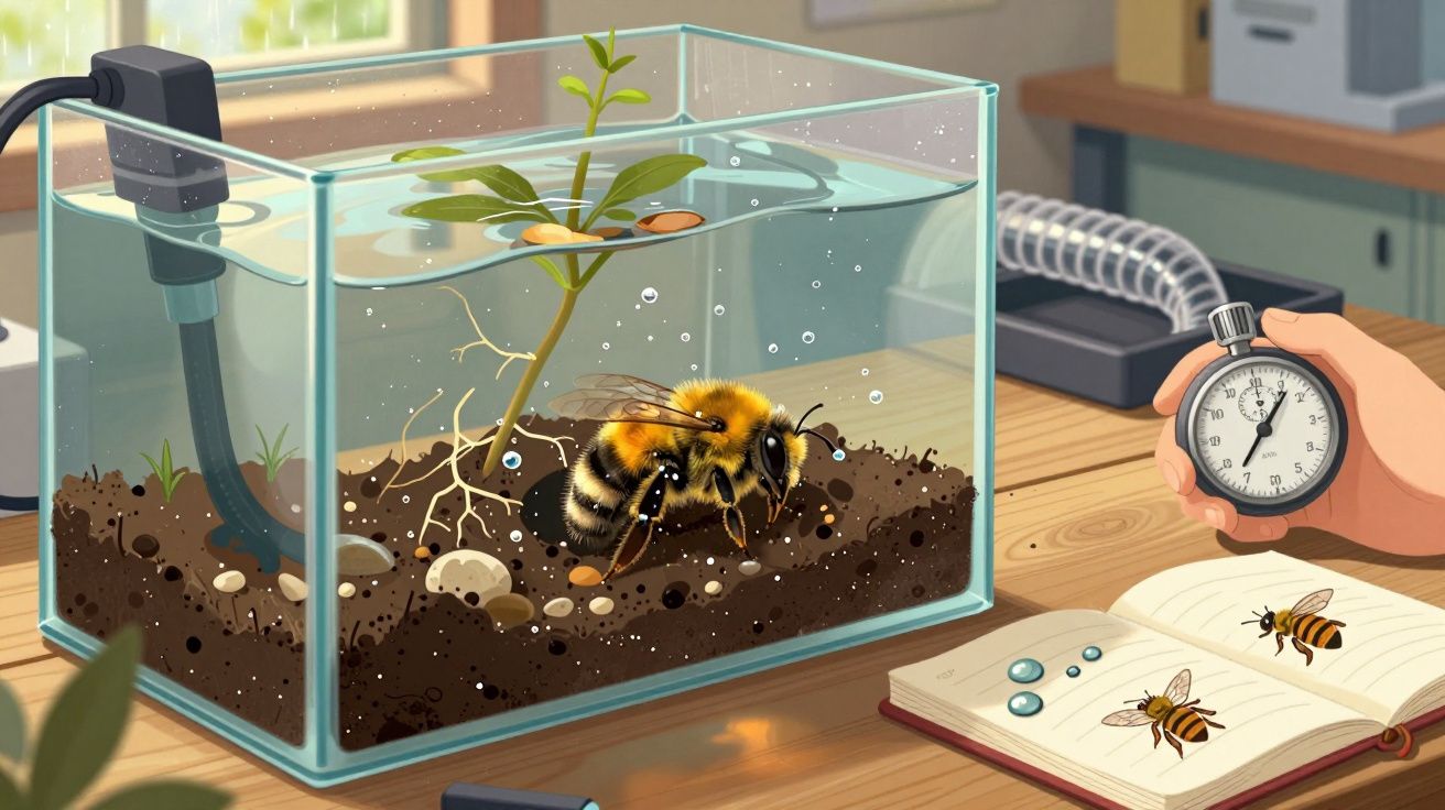 Descrição digital de uma colmeia em aquário com abelha e registo de tempo com cronómetro.