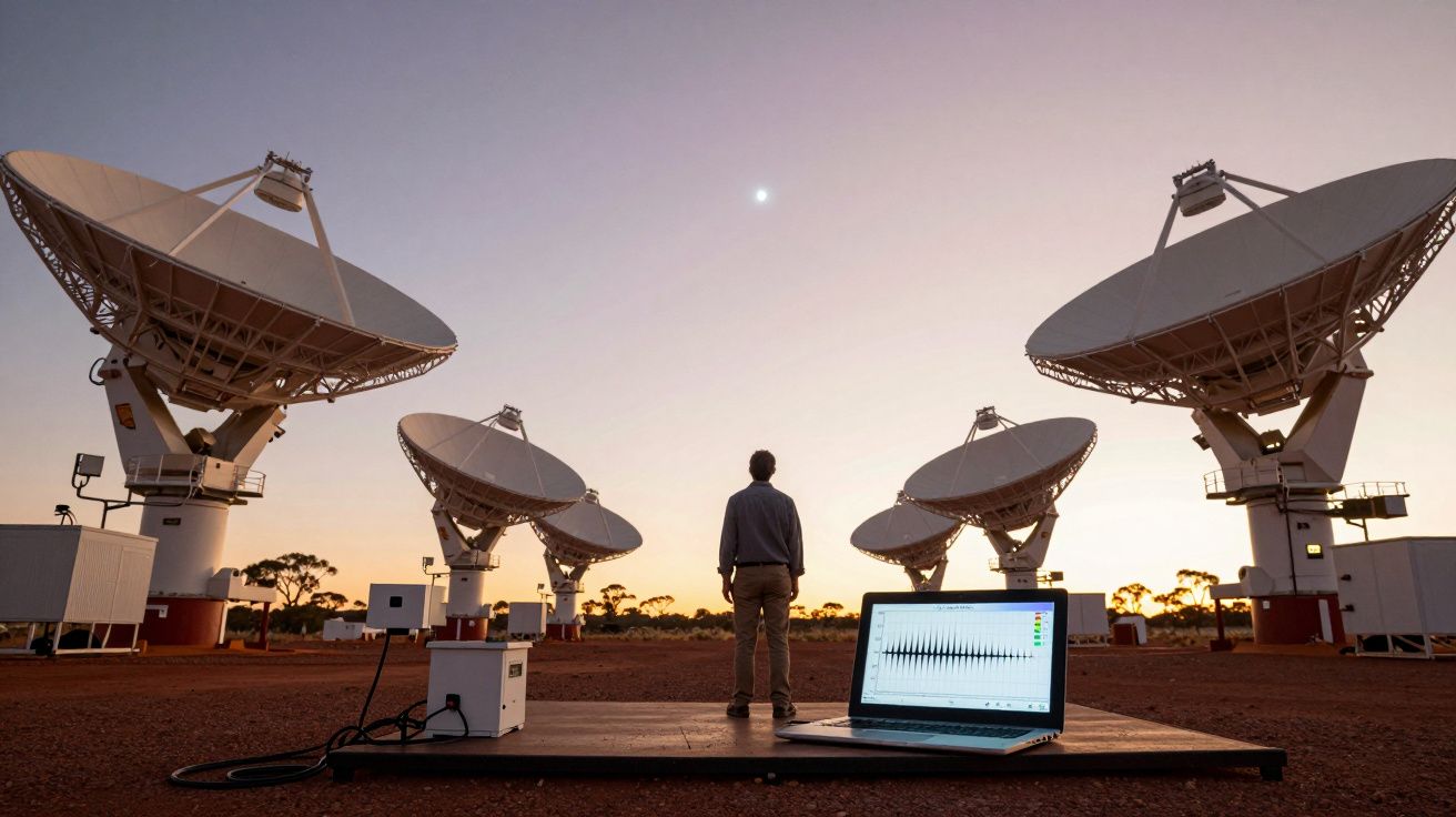 Pessoa em pé entre antenas parabólicas gigantes ao pôr do sol, com computador a mostrar dados na frente.