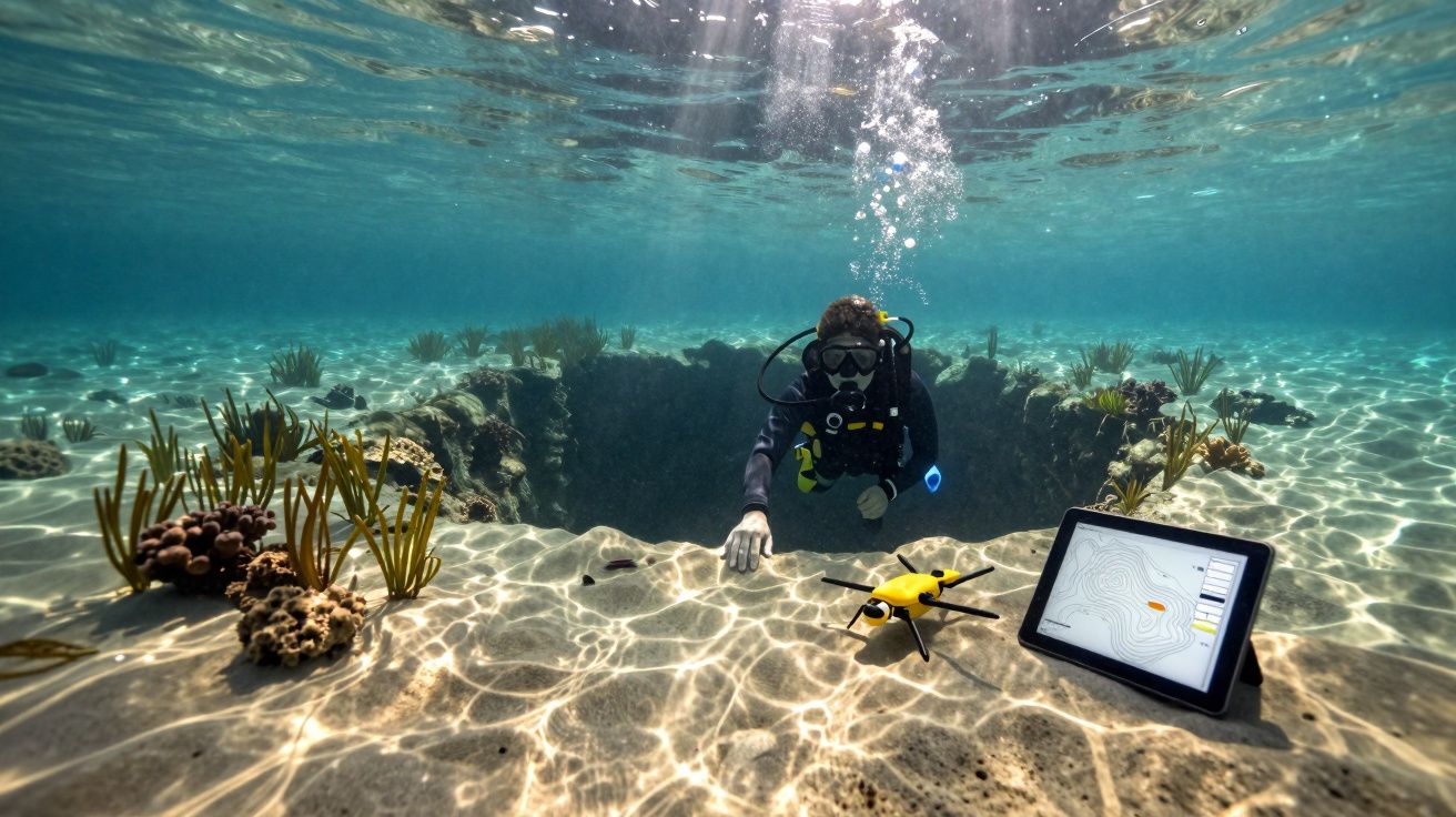 Mergulhador submarino a monitorizar um drone amarelo controlado por tablet no fundo do mar com corais e plantas marinhas.