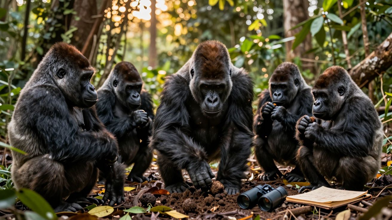 Grupo de cinco gorilas sentados na floresta, com binóculos e caderno no chão junto a eles.