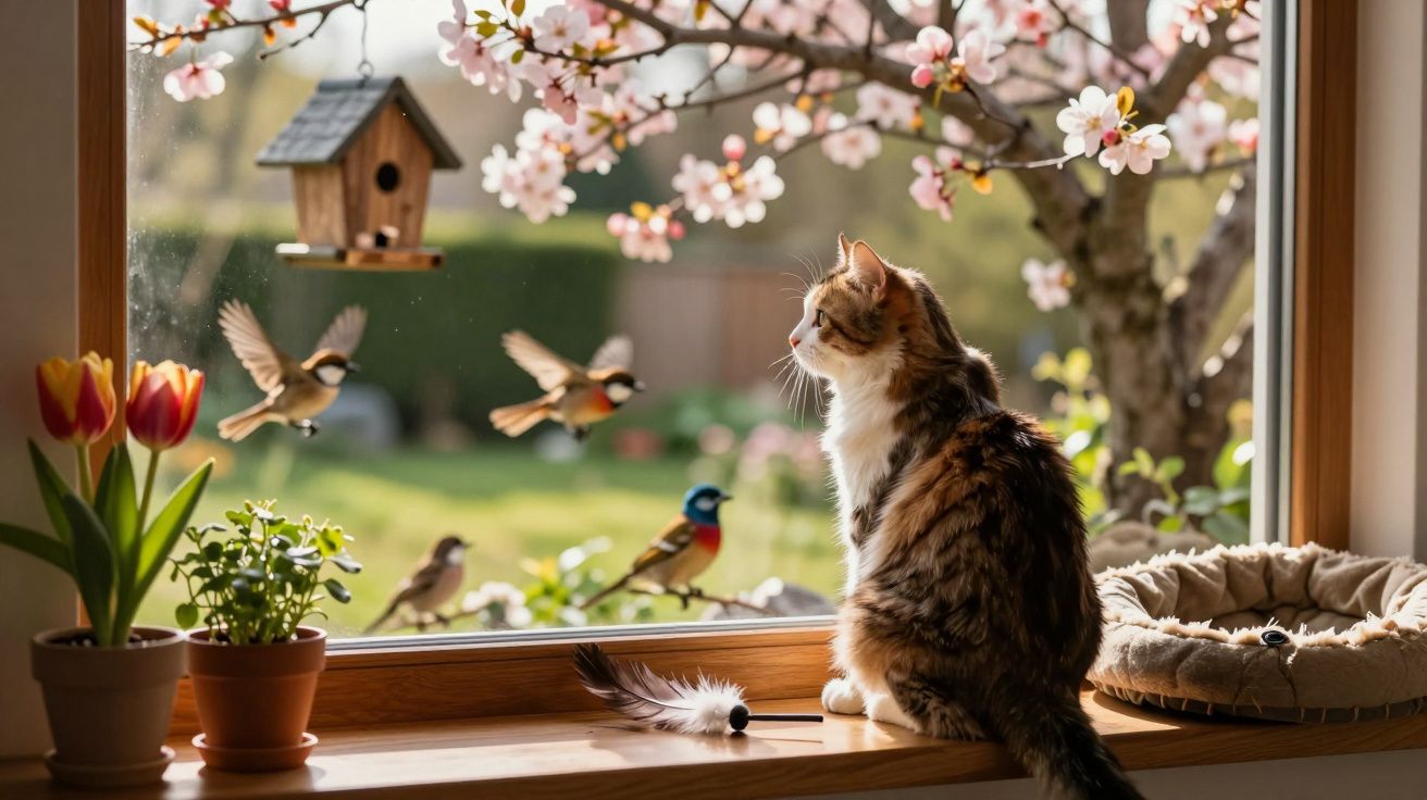 Gato sentado no peitoril da janela a observar pássaros e flores de primavera numa manhã ensolarada.
