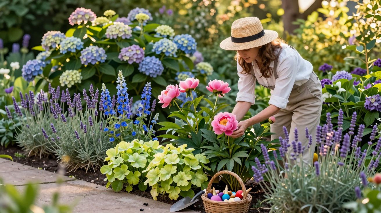 Mulher com chapéu de palha a cuidar de flores num jardim colorido ao entardecer.