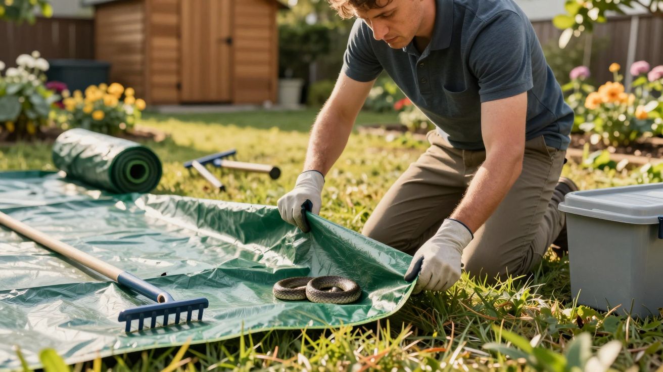 Homem de joelhos no jardim a manusear lona verde com duas cobras enroladas em cima.