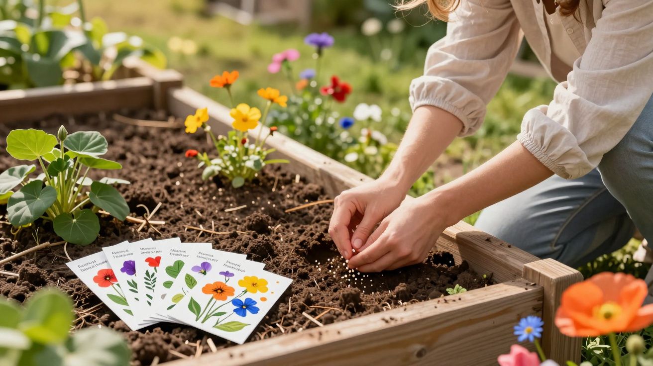 Pessoa a semear pequenas sementes em canteiro de madeira com pacotes de sementes de flores ao lado.