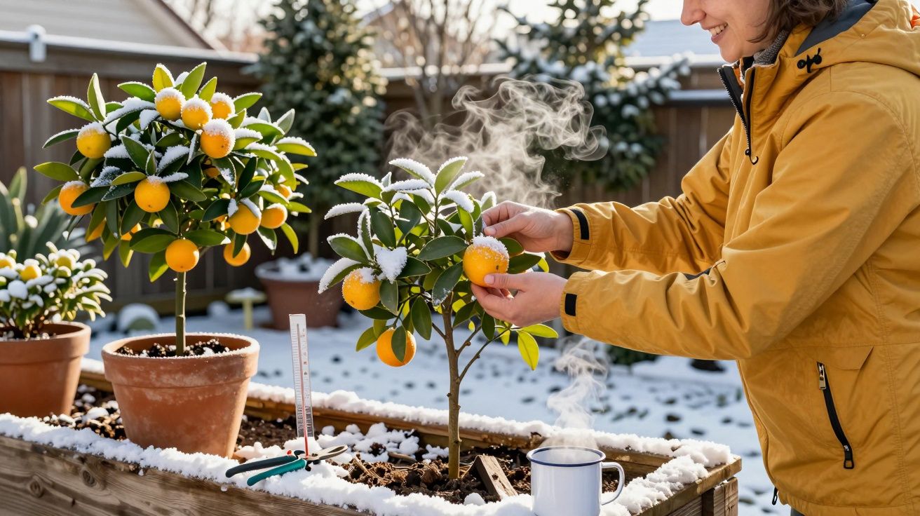 Pessoa em casaco amarelo segura uma laranja quente junto a árvores em vaso cobertas de neve num jardim.