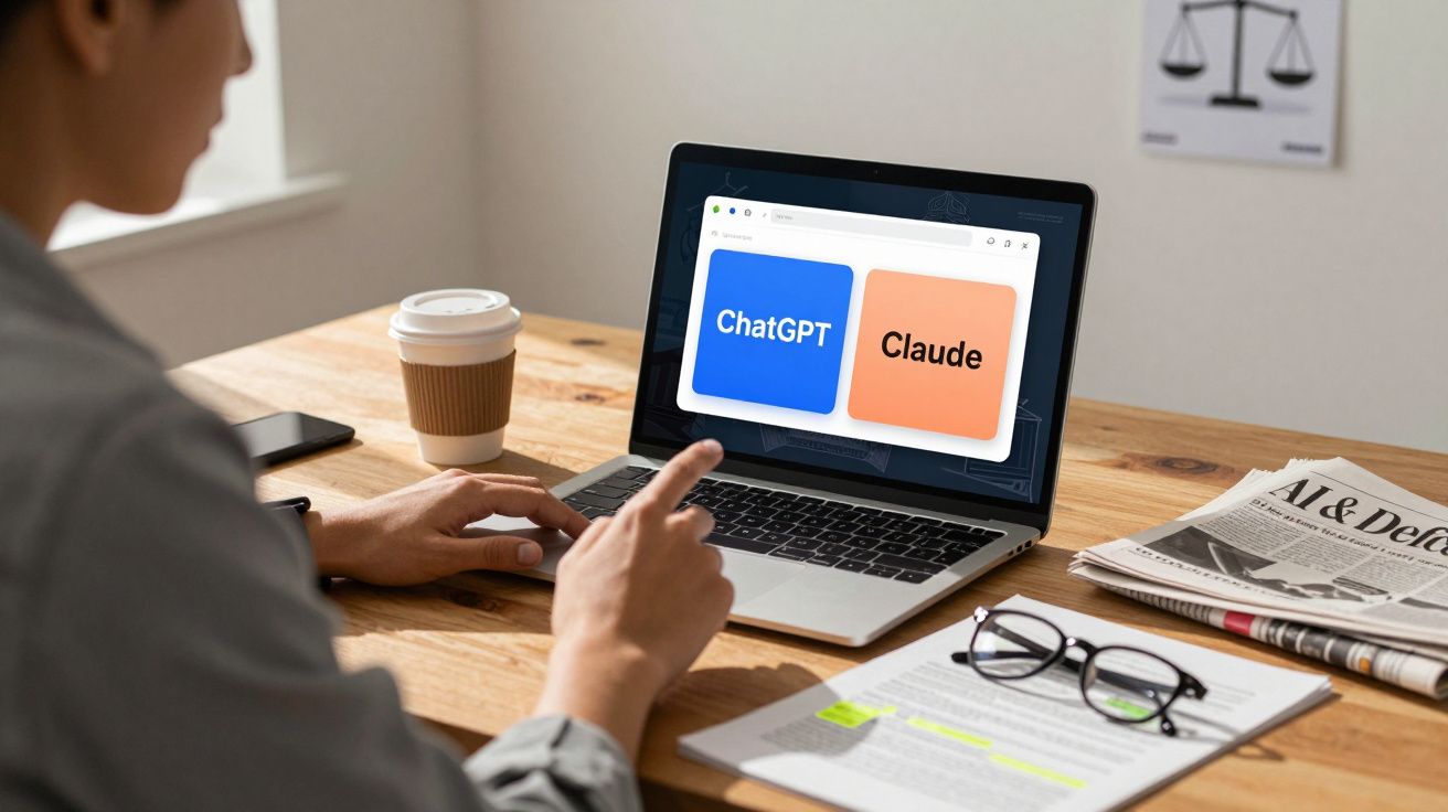 Pessoa à mesa a usar portátil com ecrã a mostrar ChatGPT e Claude, com café, jornais e óculos na mesa.
