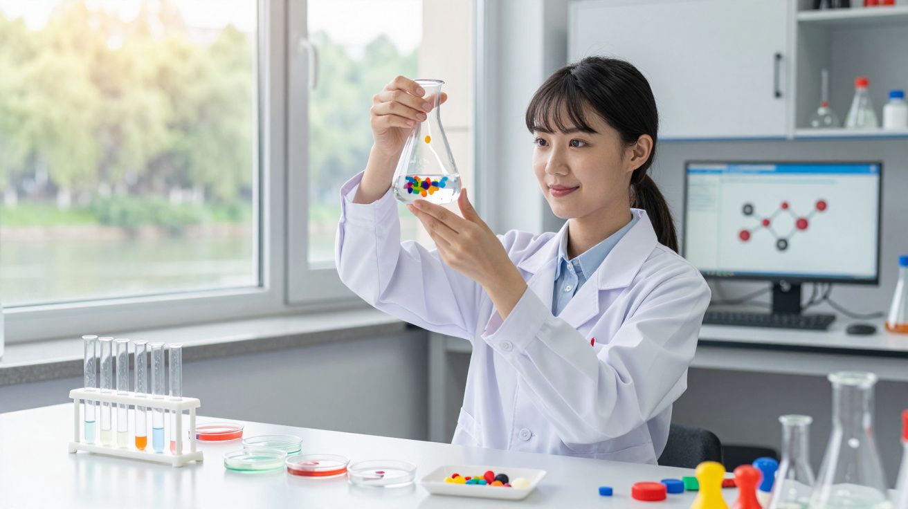 Mulher cientista em laboratório segura erlenmeyer com bolinhas coloridas, rodeada de tubos de ensaio e placas de petri.