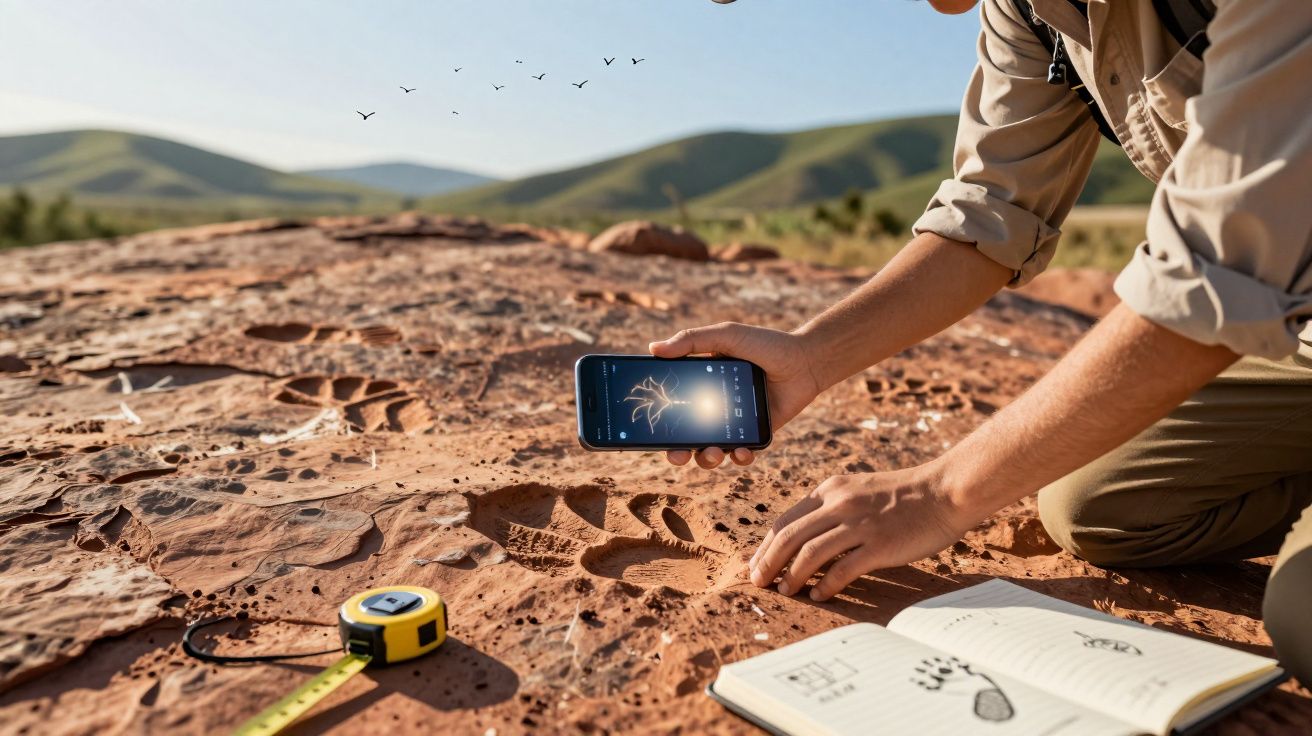 Pessoa a examinar pegadas fossilizadas numa rocha com smartphone, fita métrica e caderno de notas.