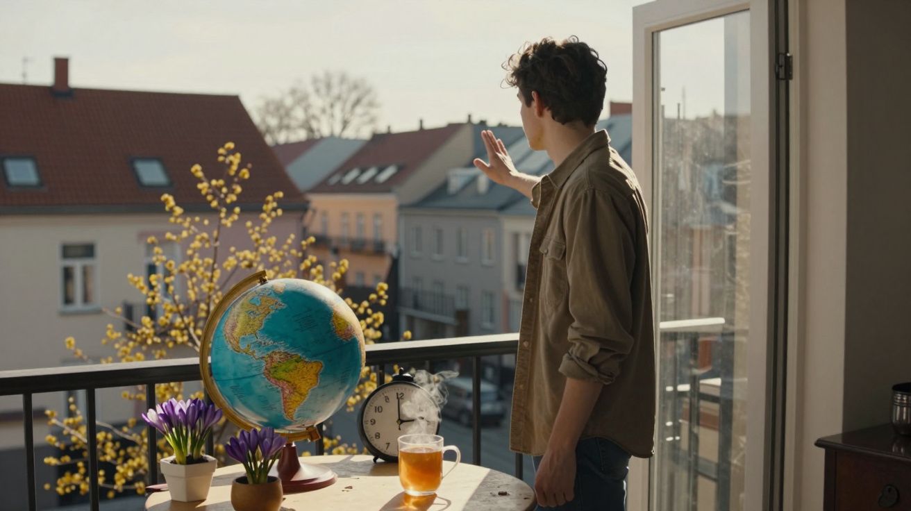 Homem num terraço a olhar para a cidade com mesa com globo, flores, relógio e chá fumegante ao lado.