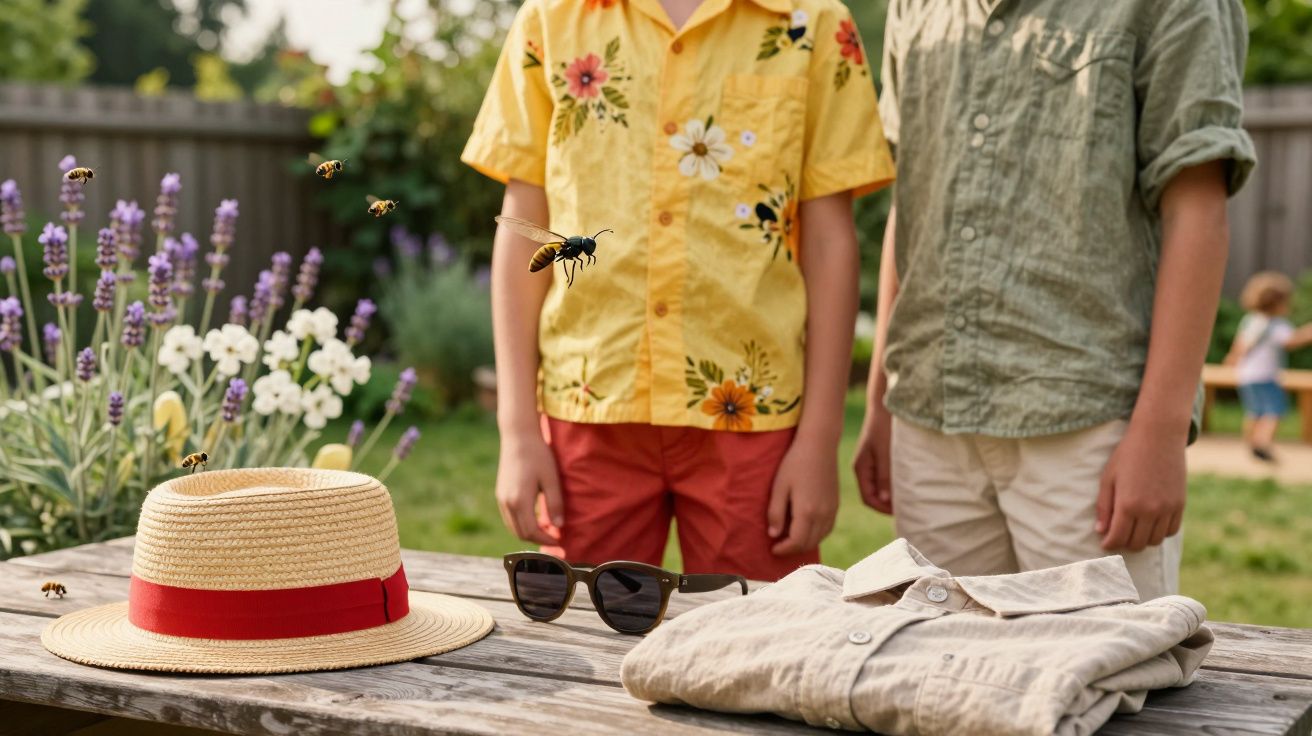 Crianças ao ar livre com insetos a voar e chapéu de palha, óculos escuros e camisa dobrada numa mesa de madeira.