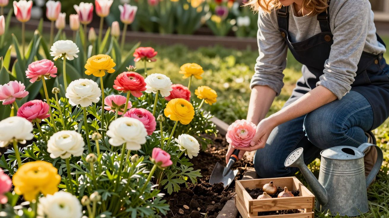 Mulher a jardinar com flores coloridas, regador e caixa com bulbos numa cama de terra ao ar livre.