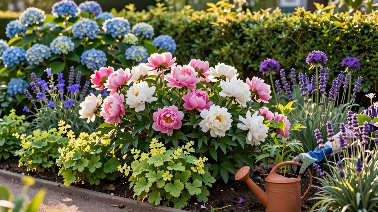 Jardim com flores coloridas, incluindo peónias rosa e brancas, lavanda e um regador de metal castanho.