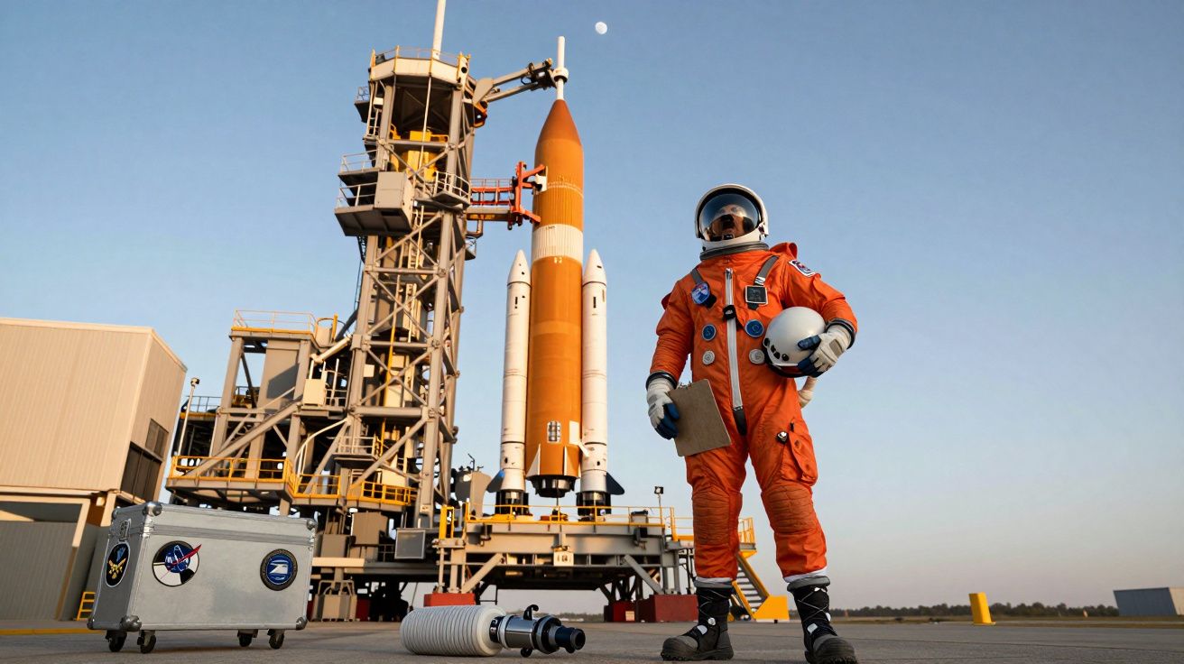 Astronauta com fato laranja e capacete na mão em frente a foguetão e torre de lançamento ao pôr do sol.