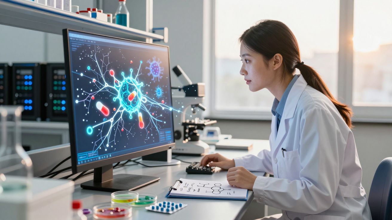 Cientista numa sala de laboratório, analisando imagens digitais de vírus e medicamentos num computador.
