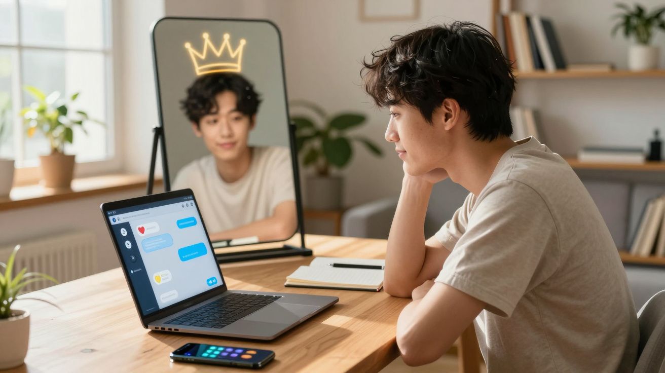 Jovem sentado numa mesa com portátil aberto e imagem refletida num espelho com coroa iluminada digitalmente.