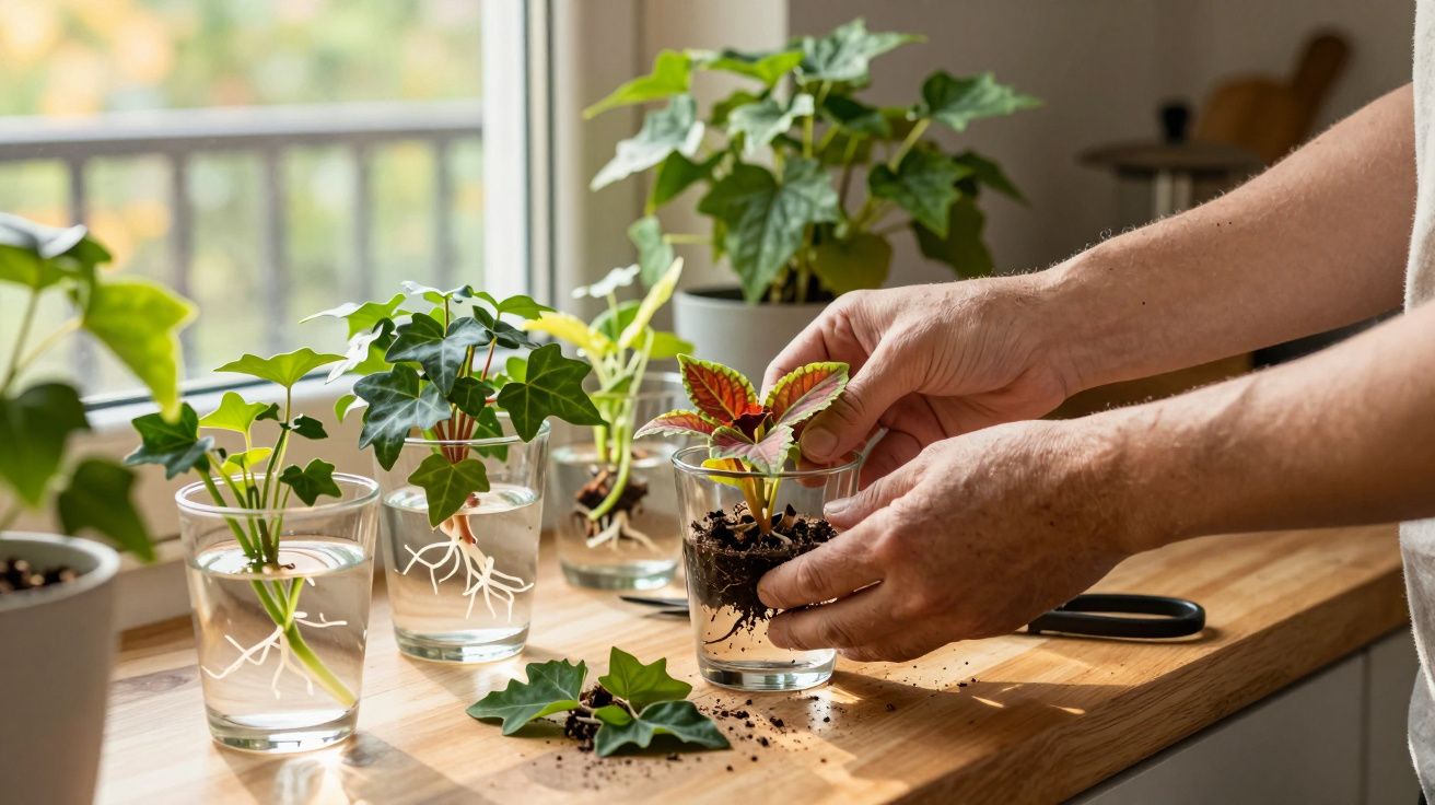 Mãos a transplantar planta colorida para copo com terra, outras plantas em copos com água numa bancada junto à janela.