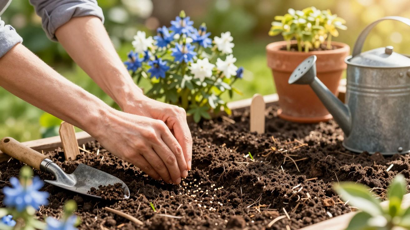 Mãos a semear sementes na terra de um canteiro com flores e regador ao fundo.
