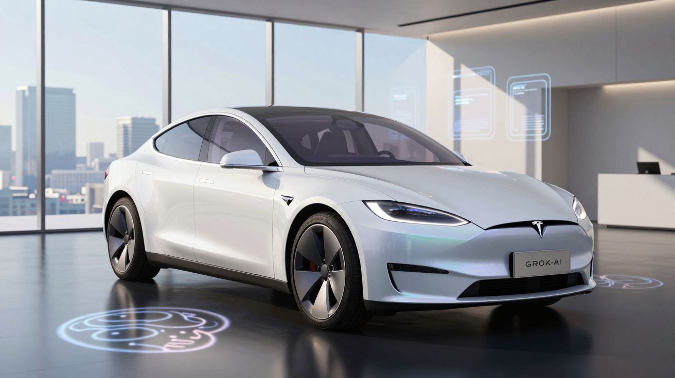 Carro elétrico branco Tesla Model S estacionado em showroom moderno com janelas amplas e projeções digitais no chão.
