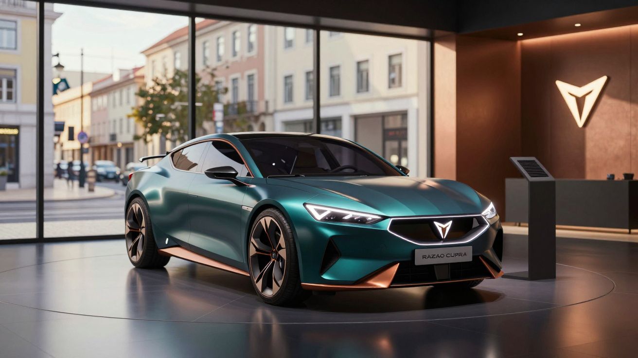 Carro desportivo Cupra verde metálico exibido em espaço interior moderno com janelas amplas.