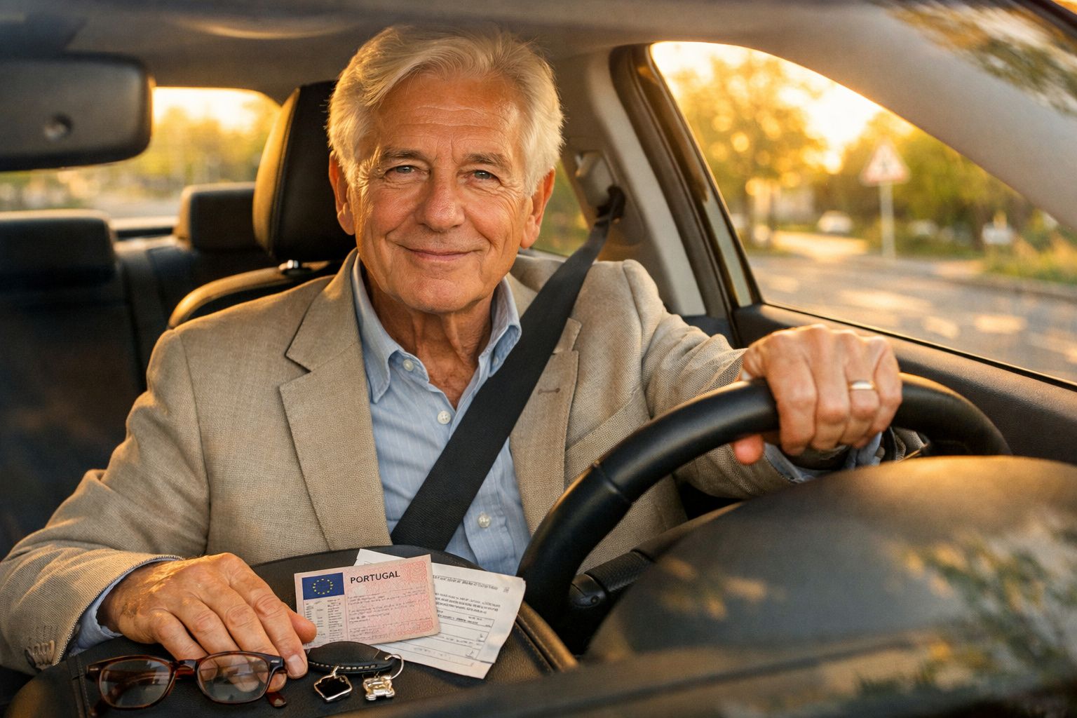 Homem sénior ao volante de carro, a sorrir, com carta de condução de Portugal na mão.