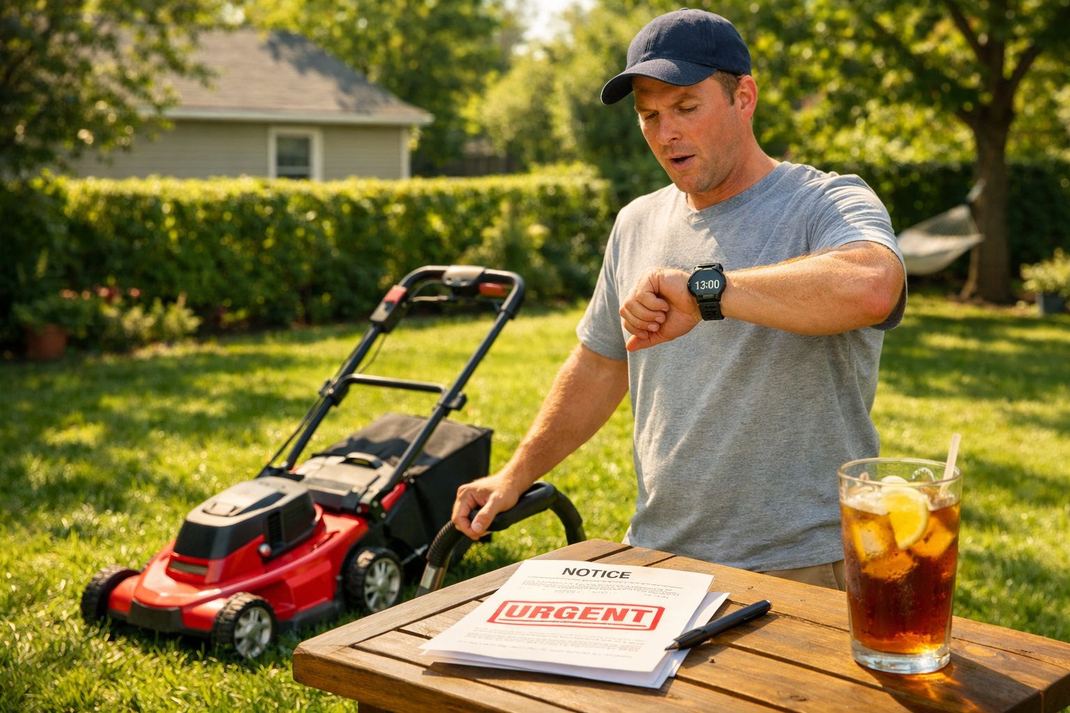 Homem no jardim com corta-relvas, olhando para relógio, perto de mesa com documento urgente e bebida gelada.
