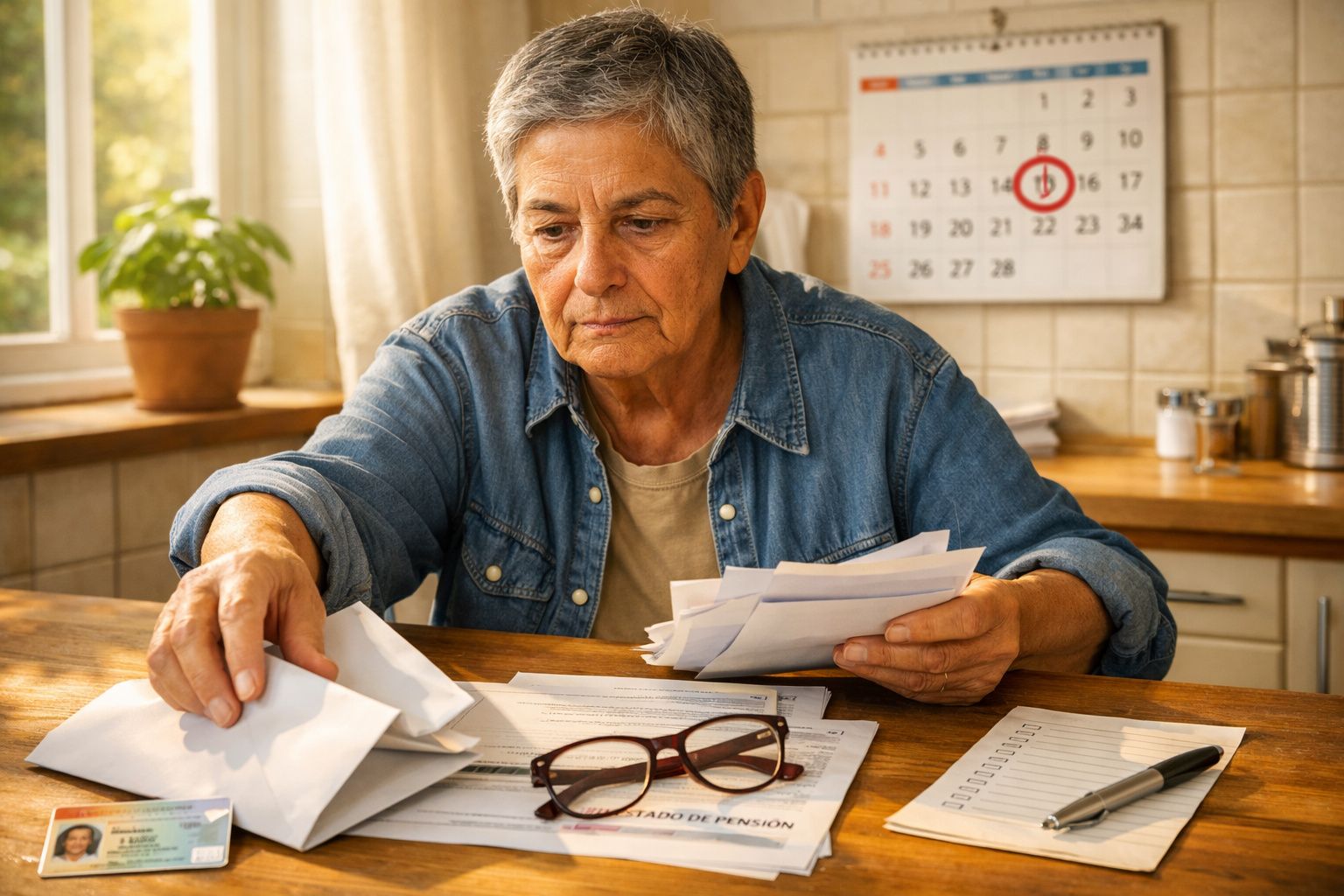 Idoso preocupado a organizar correspondência e documentos numa mesa de cozinha com calendário ao fundo.