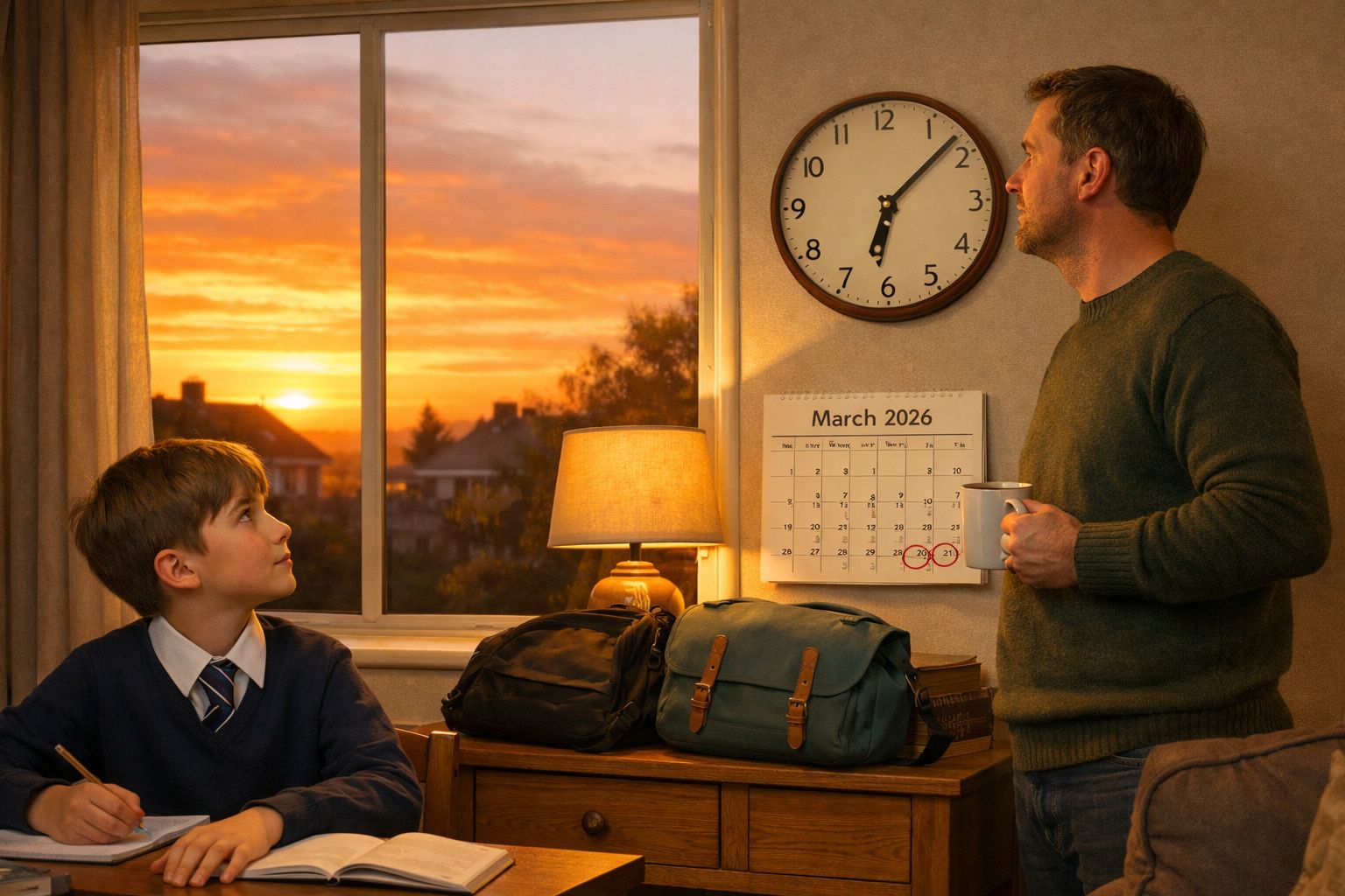 Homem e menino com mochila numa sala ao pôr do sol, vendo relógio e calendário de março 2026.