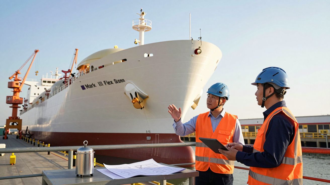Dois operários com capacetes e coletes discutem planos junto a um grande navio de carga no porto.