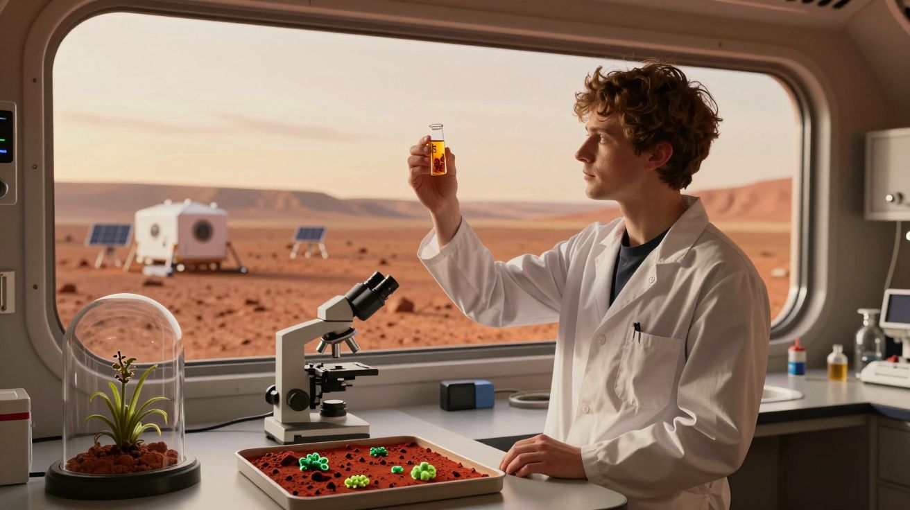 Cientista em laboratório com amostra em frasco, plantas e microscópio, vista do ambiente marciano ao fundo.