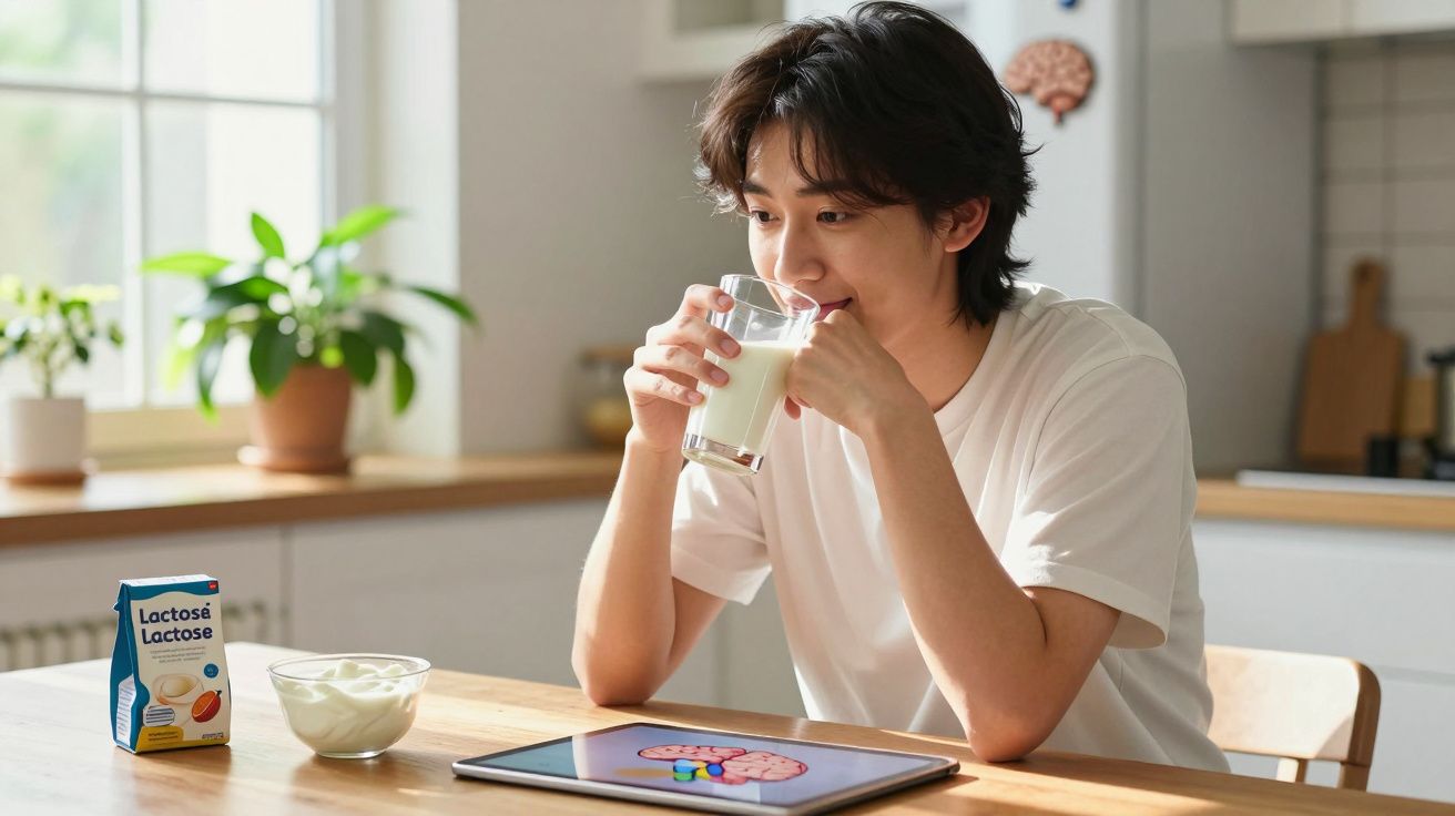 Pessoa a beber um copo de leite numa cozinha iluminada, com iogurte, leite e tablet sobre a mesa.