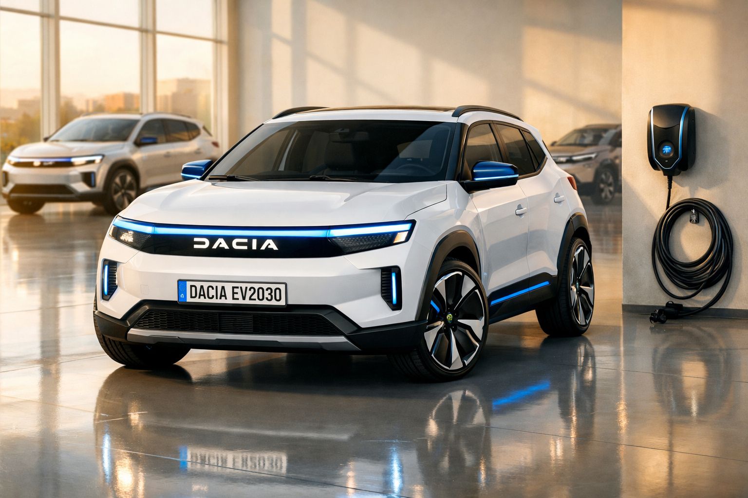 Carro elétrico branco Dacia EV2030 a carregar numa estação de carregamento interior moderna.