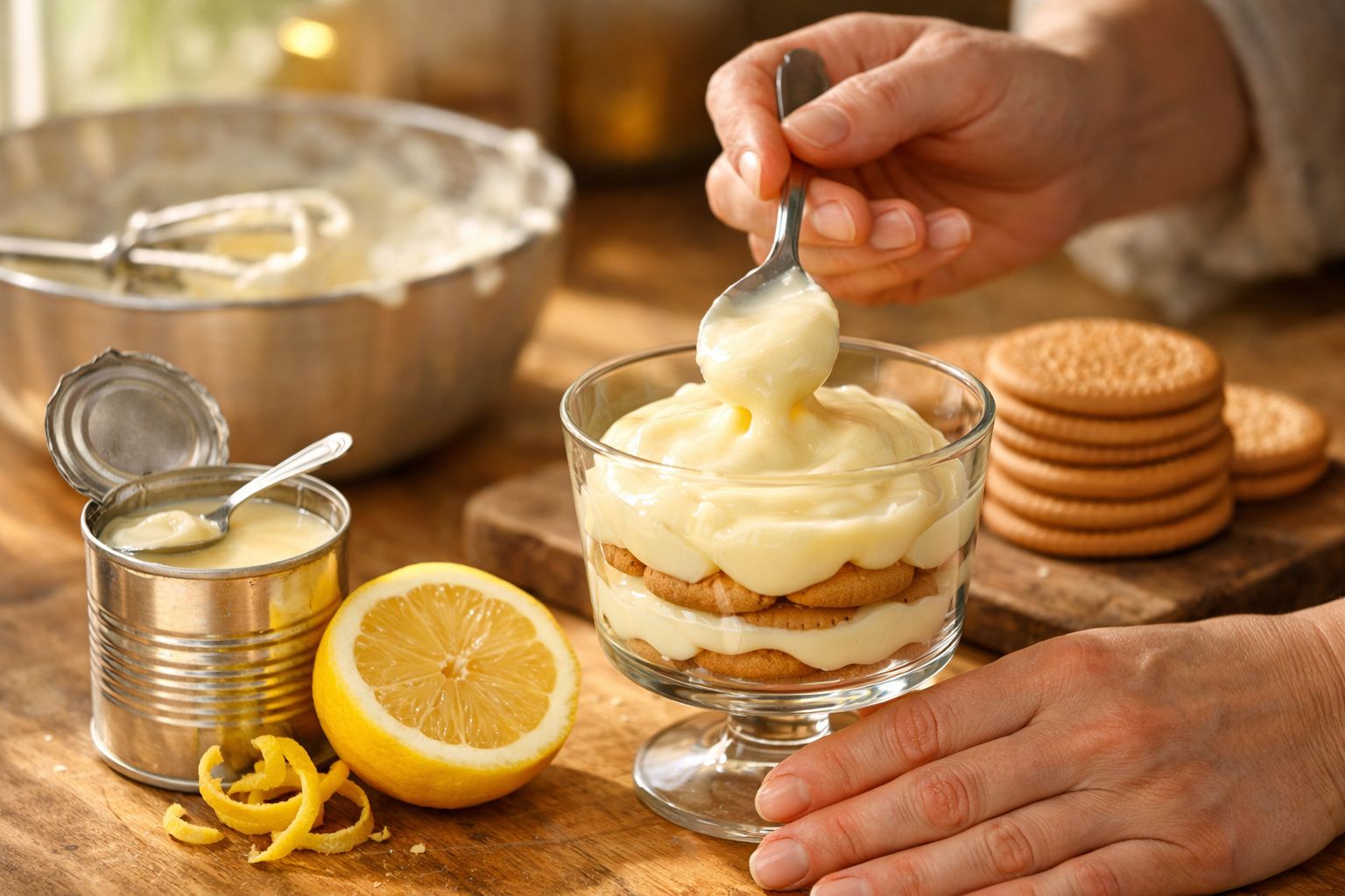 Taça de sobremesa com camadas de bolacha e creme de limão, mãos a colocar creme com colher.