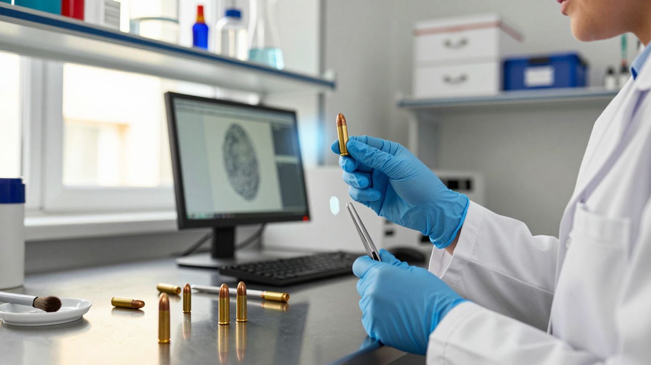 Perito forense com luvas azuis analisa balas numa mesa com imagem digital de impressão digital no ecrã do computador.