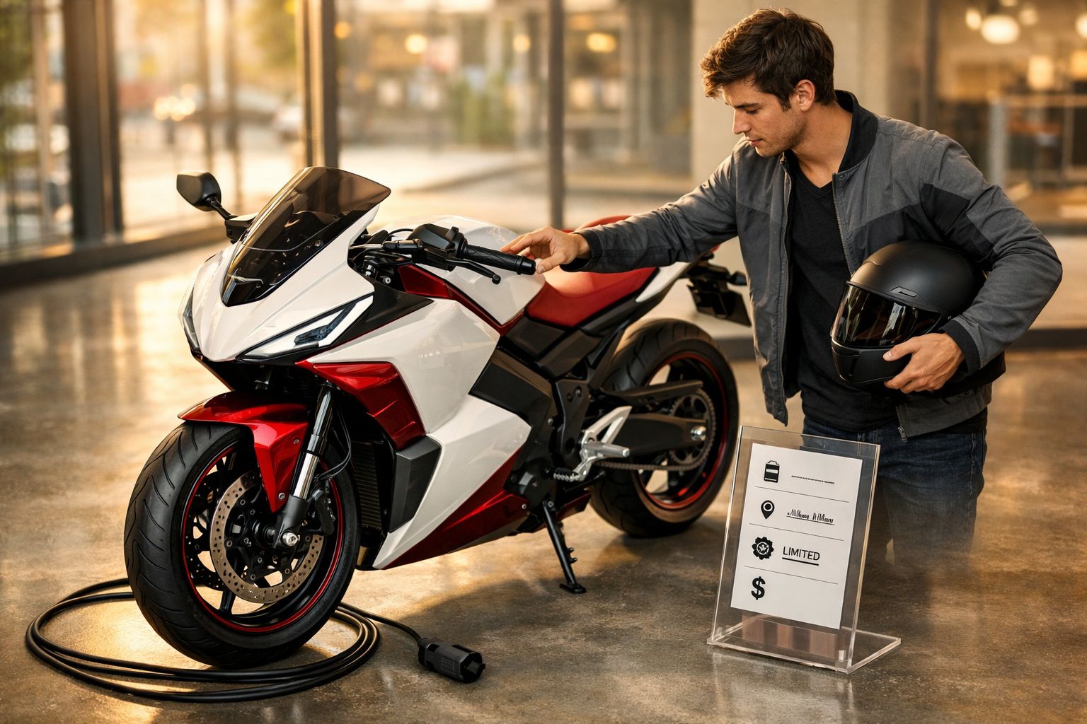 Homem com capacete na mão observa mota desportiva elétrica branca e vermelha num espaço interior.