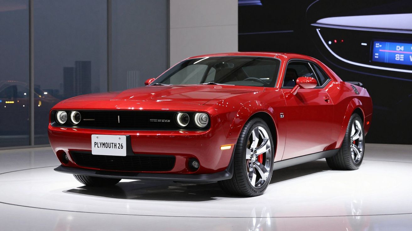 Carro desportivo vermelho estacionado em espaço interior moderno com piso branco e fundo escuro.