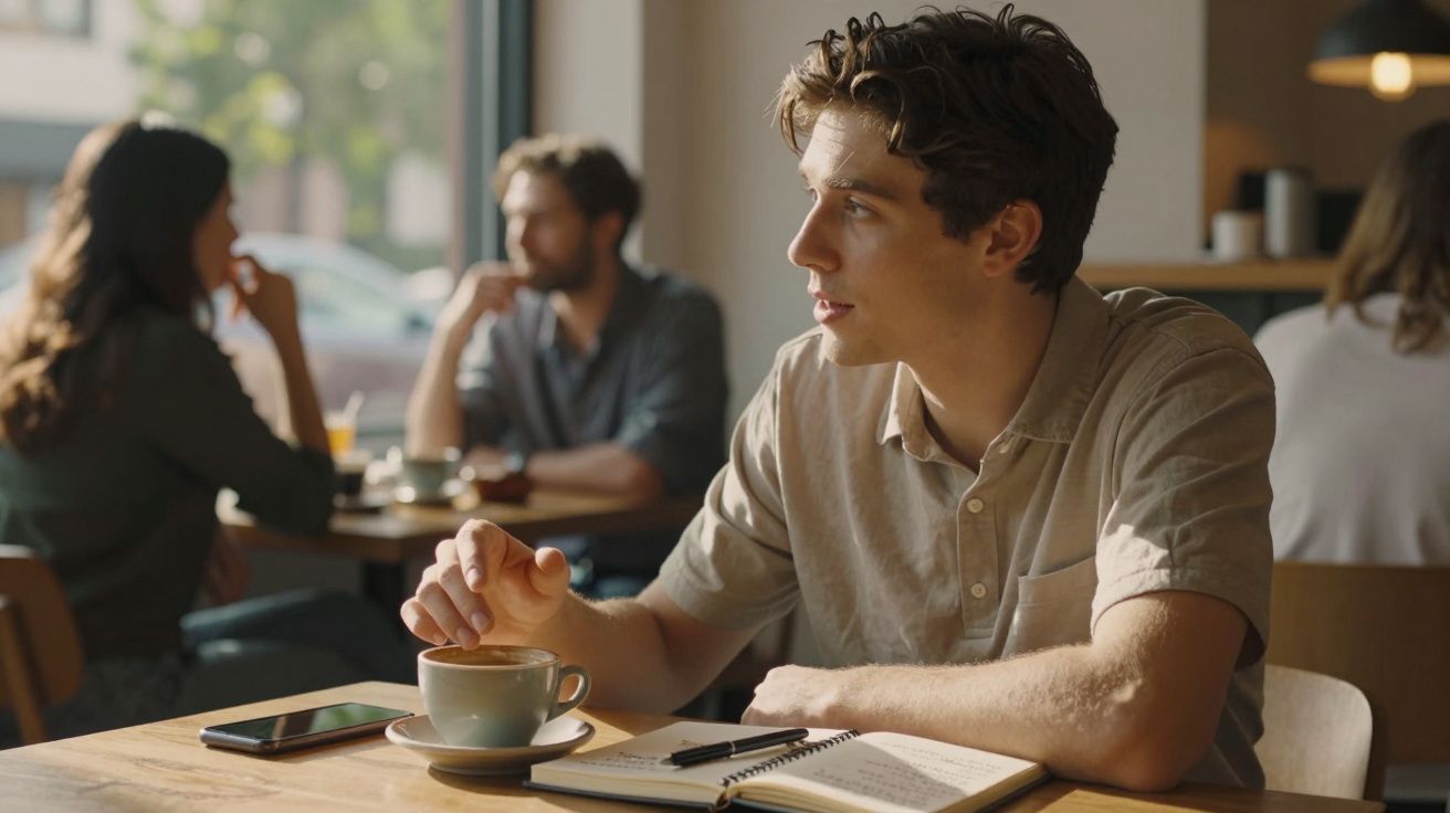 Homem jovem sentado numa cafetaria com caderno aberto e chá à sua frente, olhando para o lado.