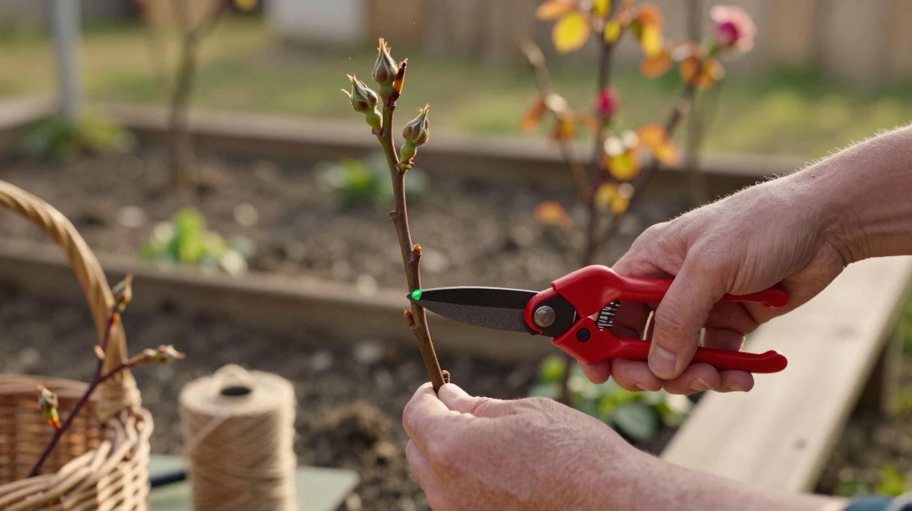 Mãos a podar ramo de planta com tesoura de podar vermelha num jardim comunitário.