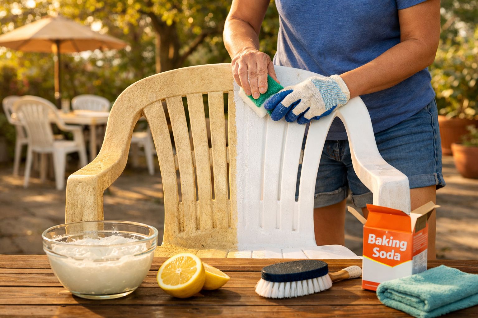 Pessoa a limpar cadeira de plástico suja com esponja, bicarbonato de sódio, limão e escova numa mesa ao ar livre.