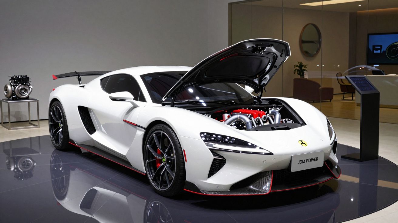 Carro desportivo branco em exposição com capot aberto a mostrar o motor, em ambiente interior moderno.