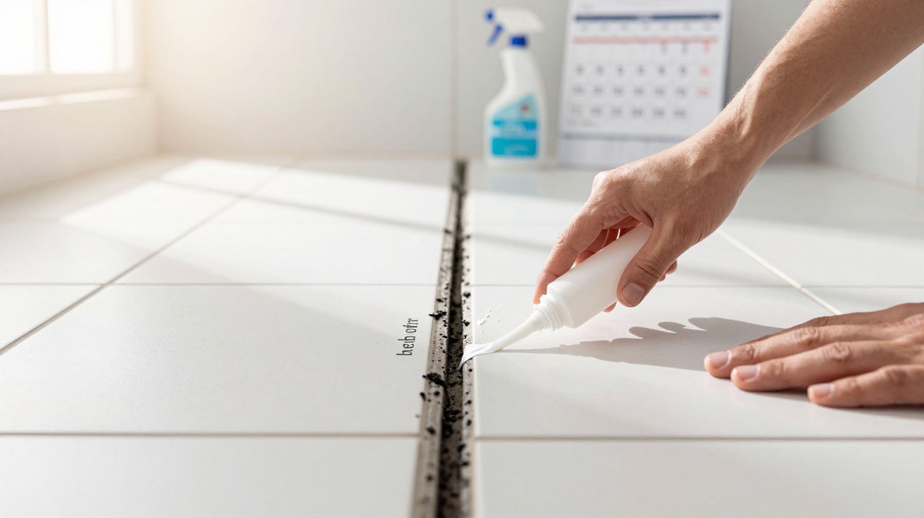 Mãos a aplicar produto de limpeza na junta suja entre azulejos brancos num chão iluminado por luz natural.
