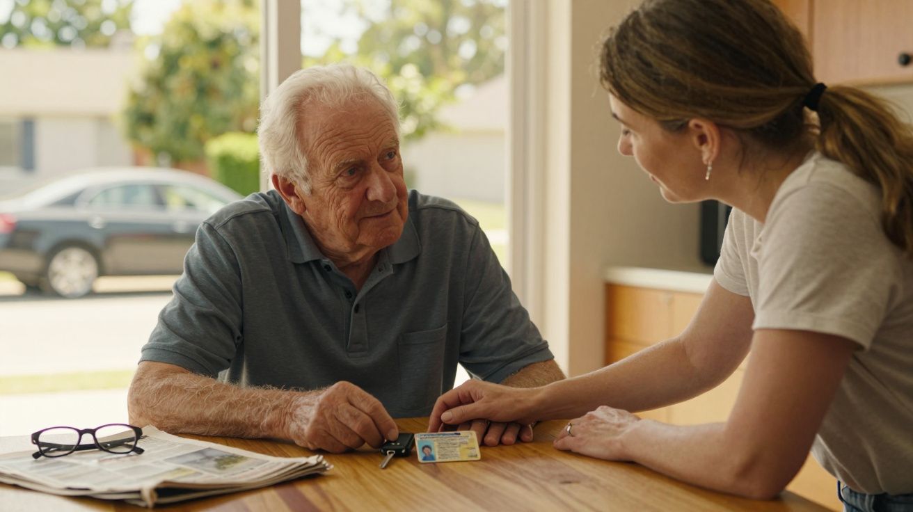 Homem idoso e mulher jovem sentados à mesa com documentos e óculos, em conversa amigável.