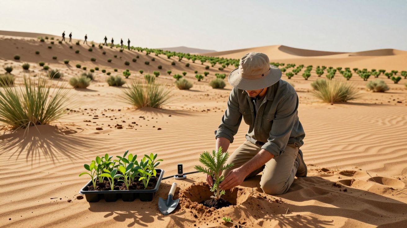 Homem a plantar árvore numa área desértica com pequenas plantas e dunas ao fundo.