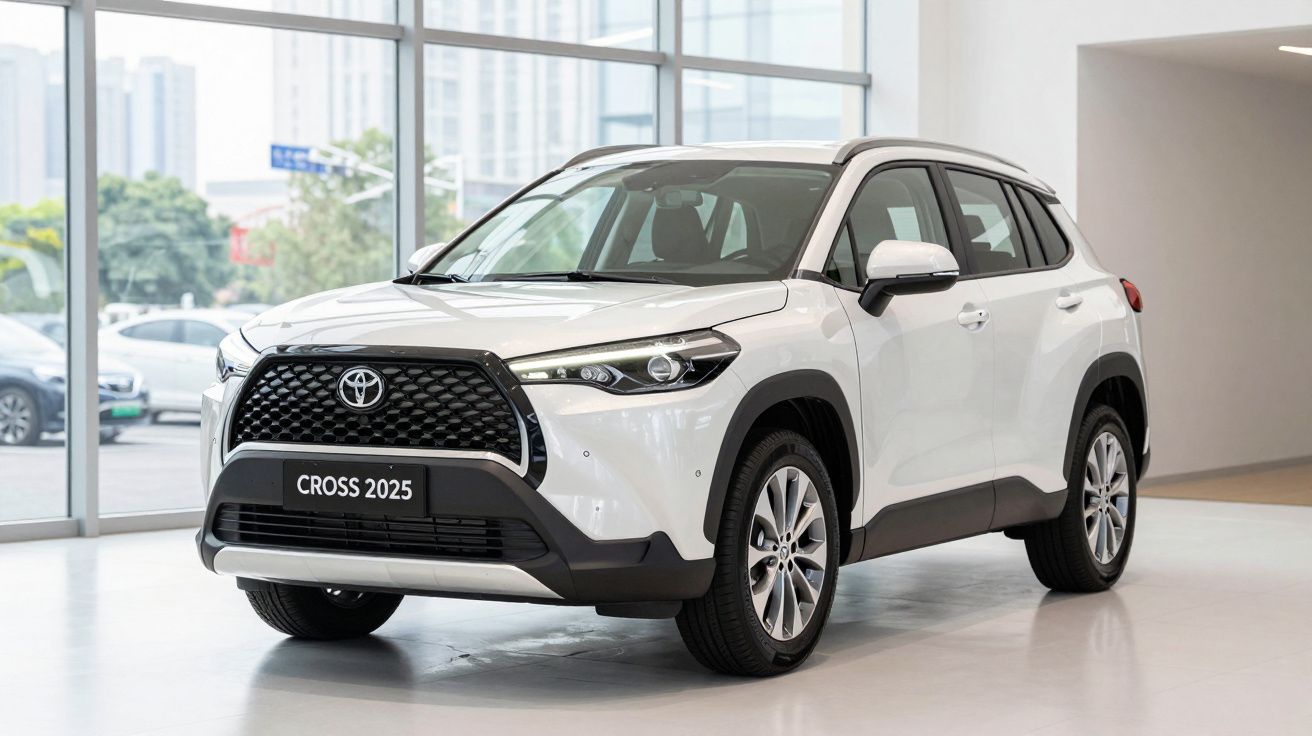 SUV branco da Toyota modelo Cross 2025 estacionado em espaço interior com janelas amplas.
