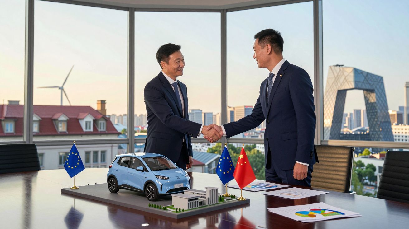 Dois homens de negócios apertam as mãos numa sala com vista urbana, com maqueta de carro elétrico e bandeiras da UE e China n