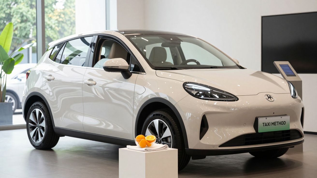 Carro elétrico branco estacionado em showroom com laranjas sobre pedestal ao lado.