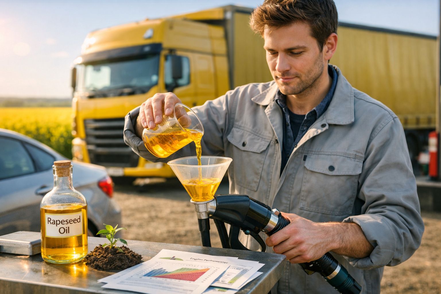 Homem a verter óleo de colza num funil ligado a uma bomba de combustível num cenário industrial.