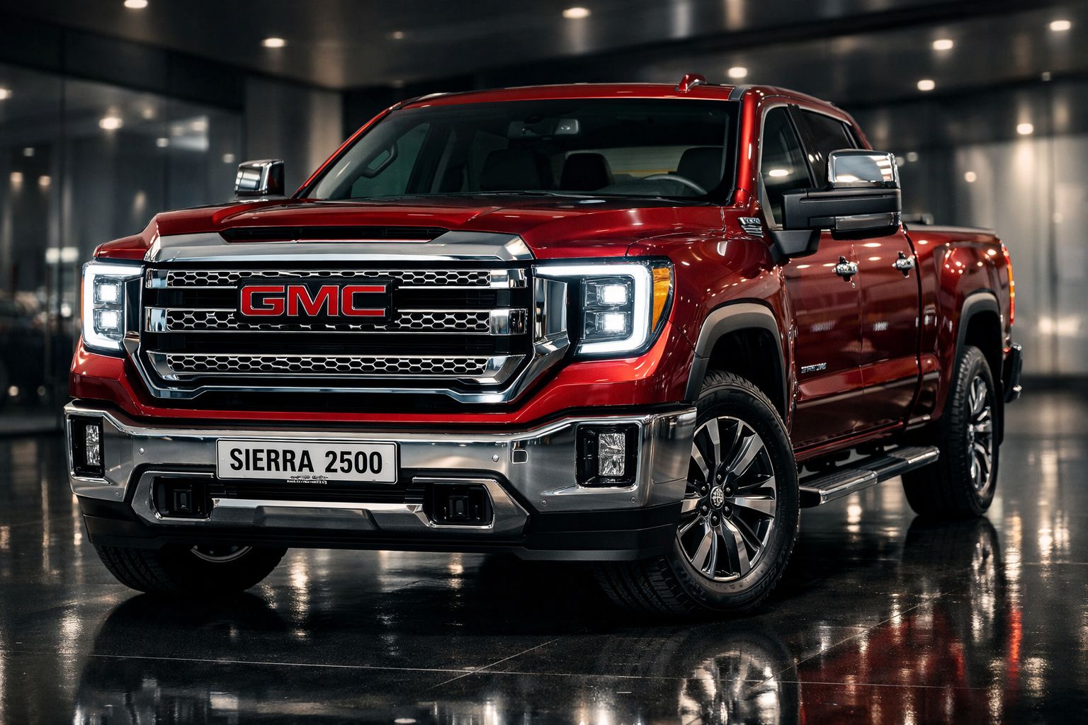 Pick-up GMC Sierra 2500 vermelha estacionada em ambiente urbano com luzes acesas.
