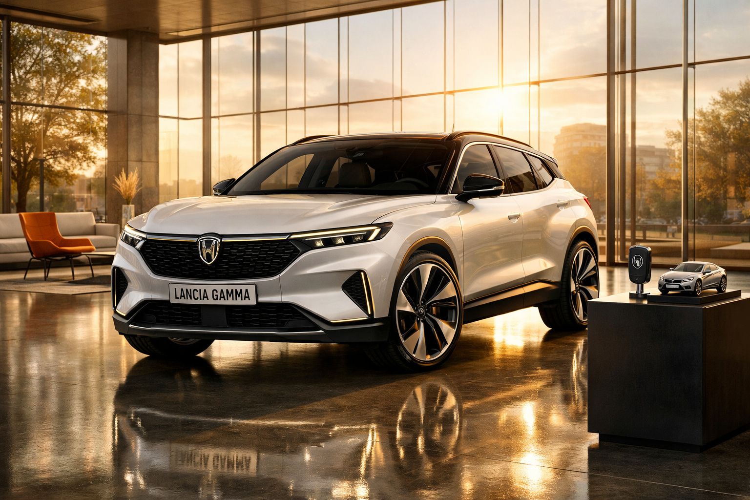 Carro elétrico Lancia Gamma branco num salão moderno com janelas grandes ao pôr do sol.