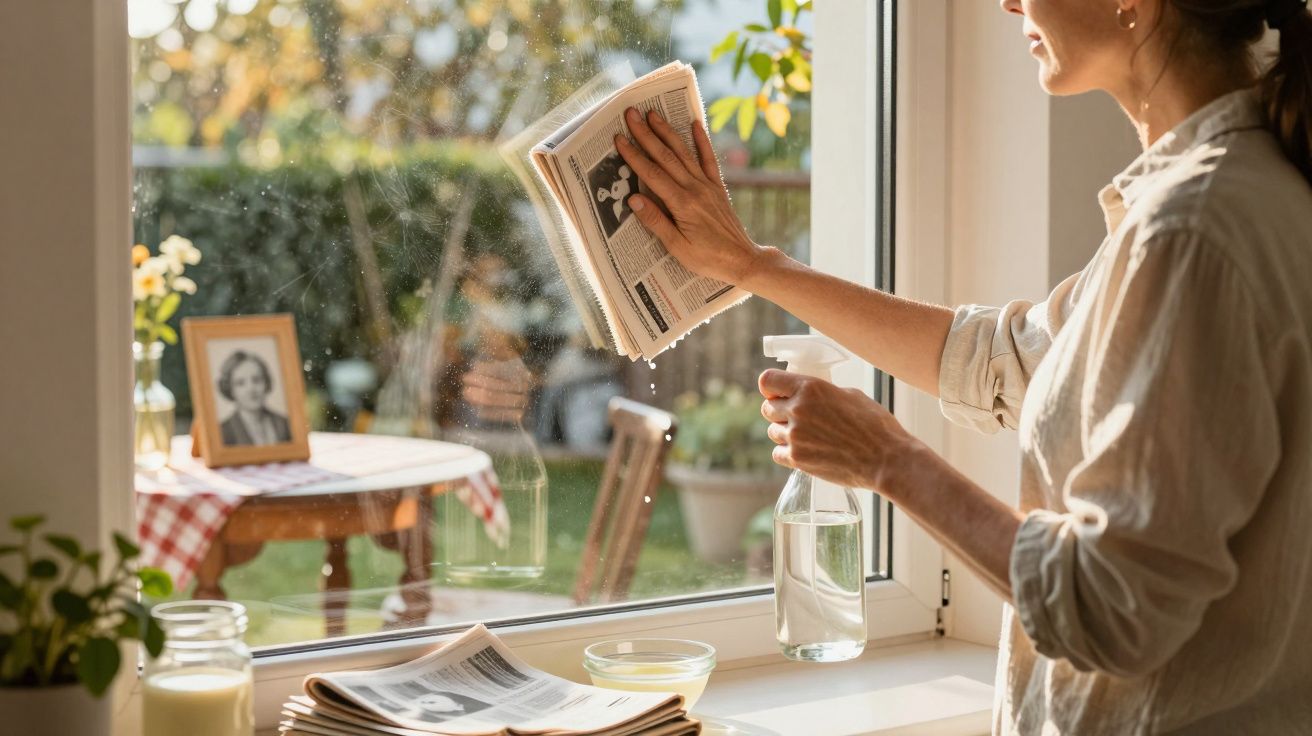 Pessoa a limpar uma janela com um pano e um frasco de spray em ambiente doméstico iluminado.
