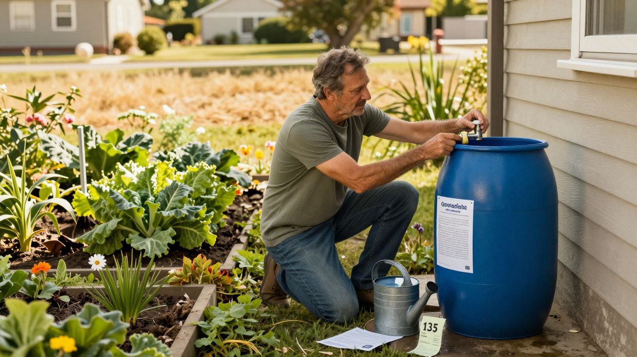 Homem a encher regador a partir de um barril azul no jardim com várias plantas e flores.
